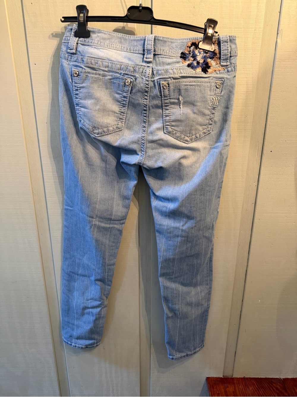 Miss Me Light Blue Skinny Jeans with Navy & Tan Floral Embroidery - Picture 3 of 3